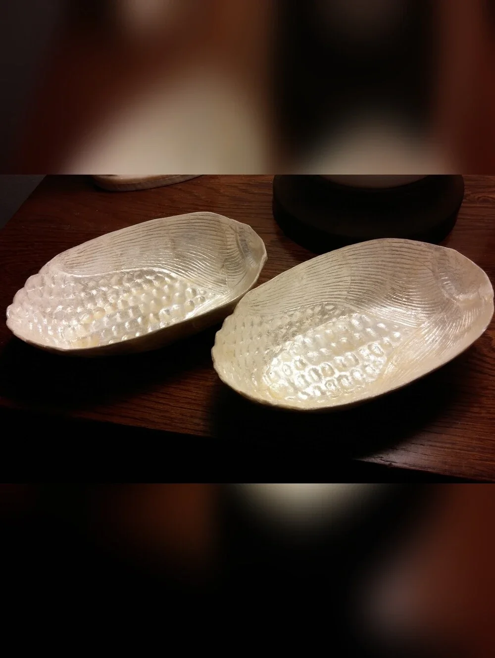 Antique Iridescent Nacre Oblong Bowls Intricate Corn Design Set of 2, 6 1/8